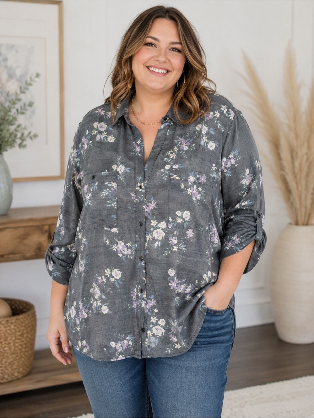Floral Button-Front Shirt - Charcoal Gray